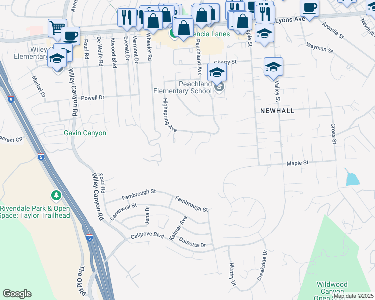 map of restaurants, bars, coffee shops, grocery stores, and more near 24813 Rosepark Court in Santa Clarita