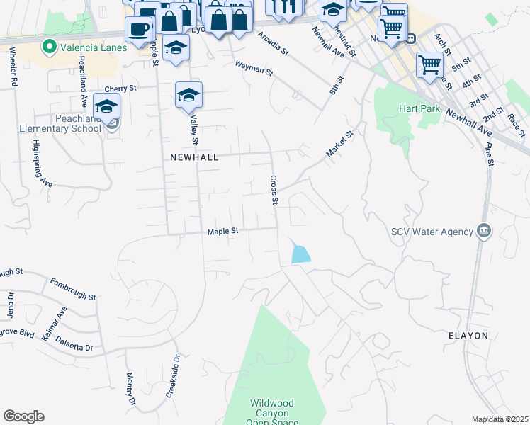 map of restaurants, bars, coffee shops, grocery stores, and more near 24319 Cross Street in Santa Clarita