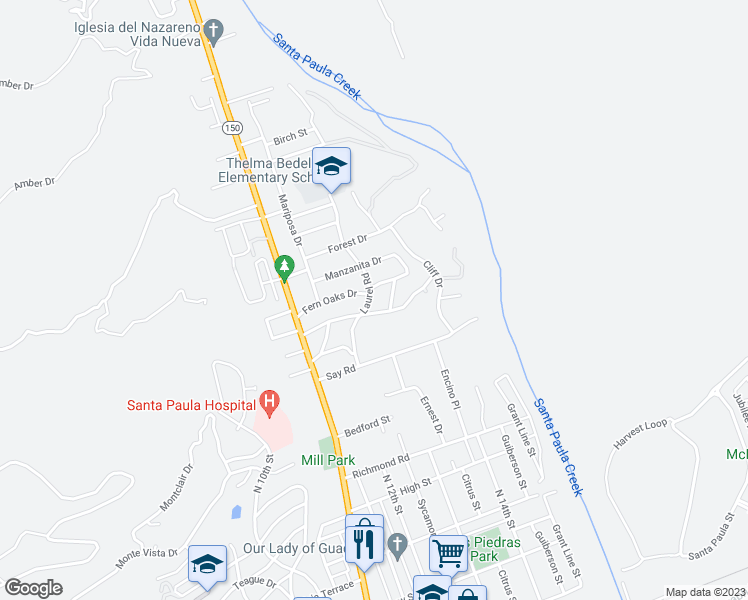 map of restaurants, bars, coffee shops, grocery stores, and more near 1009 Laurel Road in Santa Paula