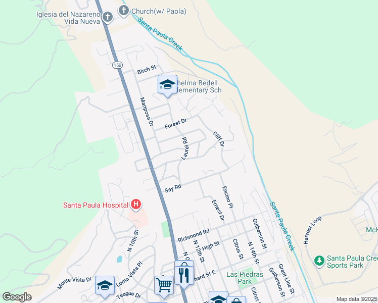 map of restaurants, bars, coffee shops, grocery stores, and more near 1009 Laurel Road in Santa Paula