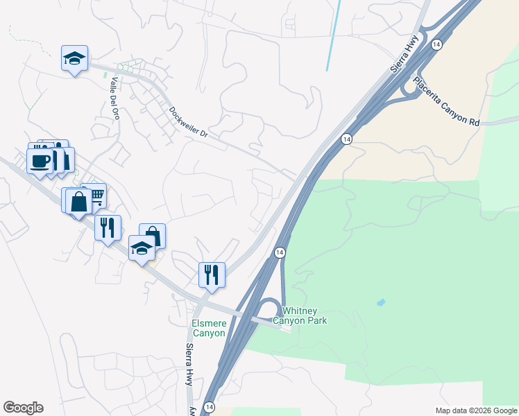 map of restaurants, bars, coffee shops, grocery stores, and more near 21003 Oakleaf Canyon Drive in Santa Clarita
