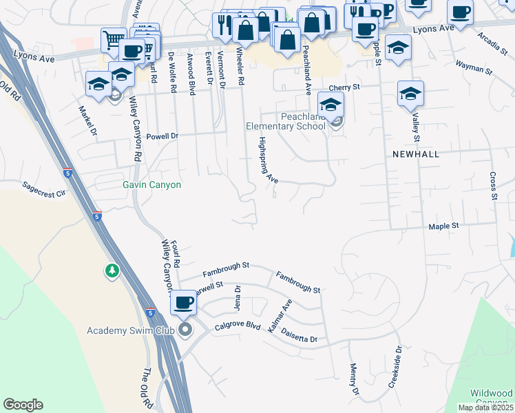 map of restaurants, bars, coffee shops, grocery stores, and more near 24850 Bella Vista Drive in Santa Clarita
