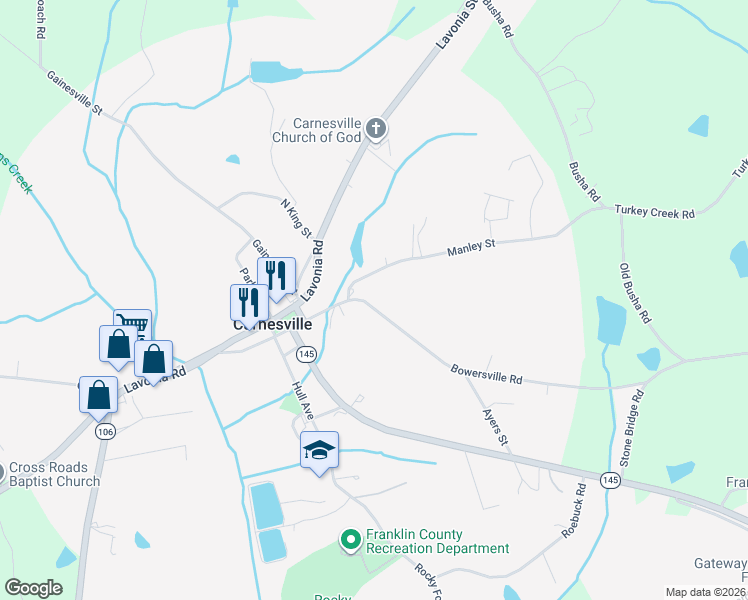 map of restaurants, bars, coffee shops, grocery stores, and more near 734 Bowersville Road in Carnesville