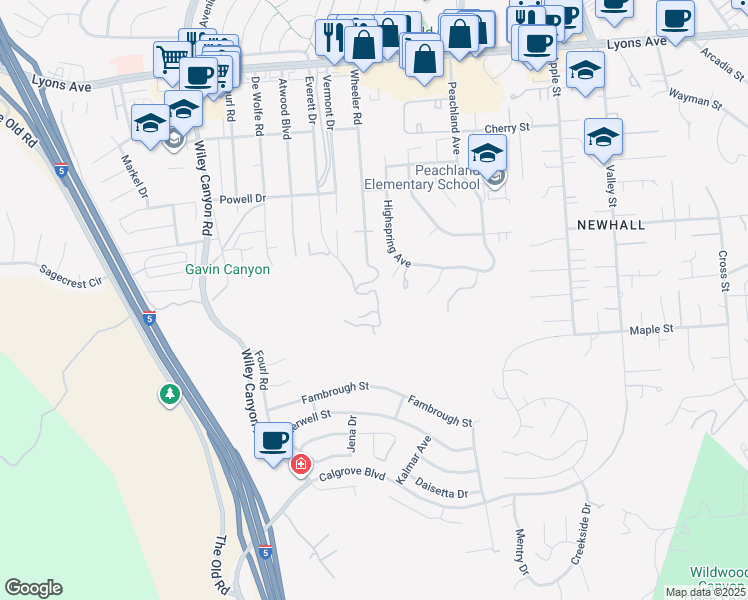 map of restaurants, bars, coffee shops, grocery stores, and more near 24845 Bella Vista Drive in Santa Clarita