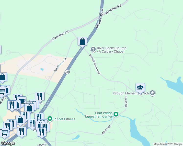 map of restaurants, bars, coffee shops, grocery stores, and more near 512 Kilough Church Road in Dawsonville