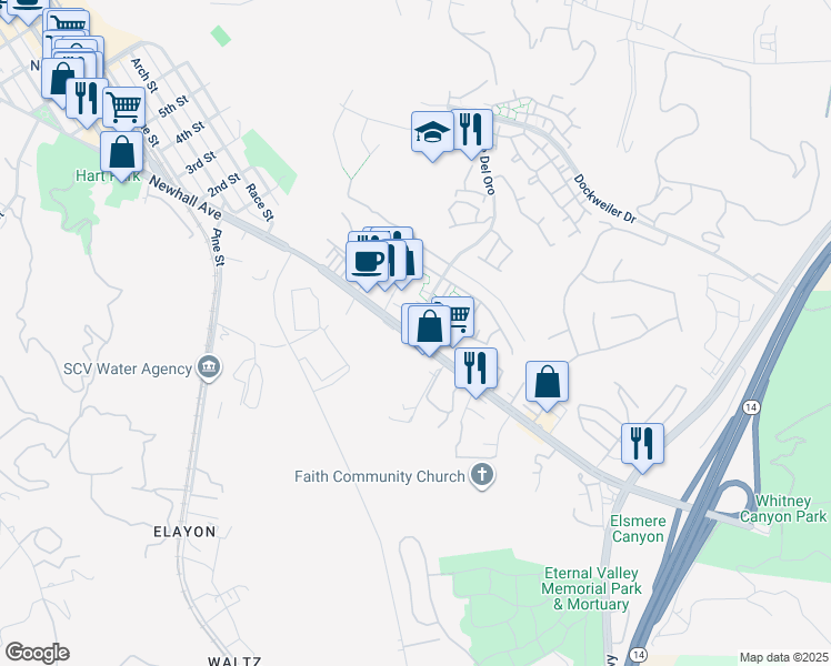 map of restaurants, bars, coffee shops, grocery stores, and more near 23700 Newhall Avenue in Santa Clarita