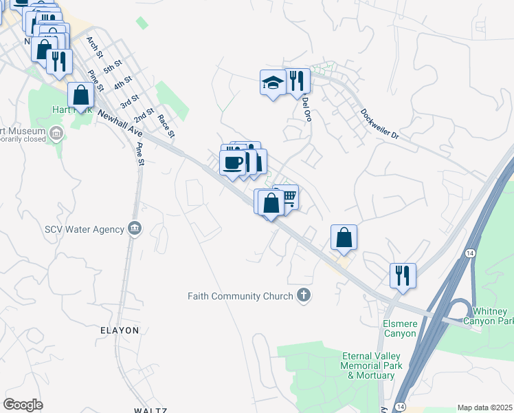map of restaurants, bars, coffee shops, grocery stores, and more near 23700 Newhall Ave in Santa Clarita