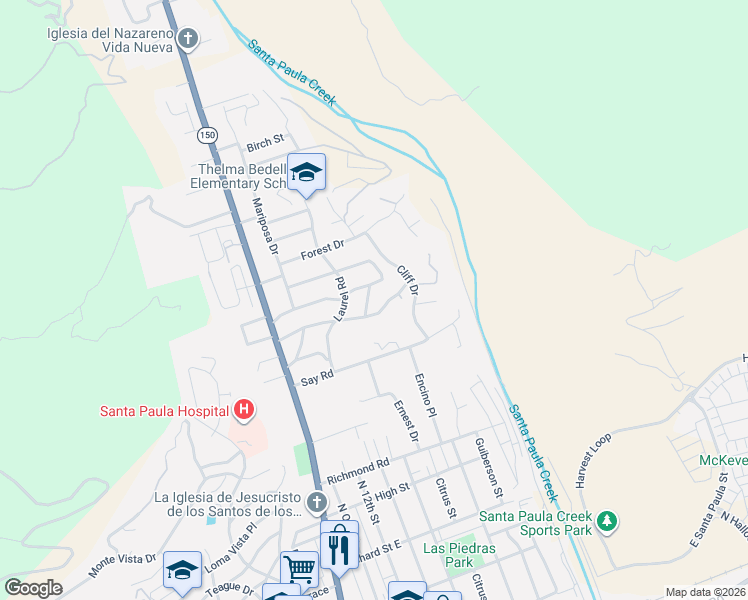 map of restaurants, bars, coffee shops, grocery stores, and more near 1009 Holly Road in Santa Paula