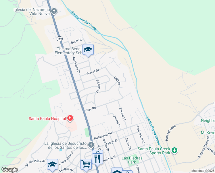 map of restaurants, bars, coffee shops, grocery stores, and more near 1009 Holly Road in Santa Paula
