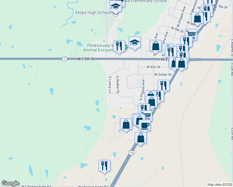 map of restaurants, bars, coffee shops, grocery stores, and more near 1427 South Walker Drive in Atoka