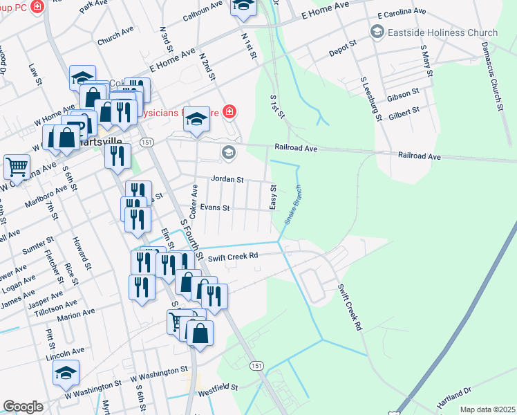map of restaurants, bars, coffee shops, grocery stores, and more near 414 Evans Street in Hartsville
