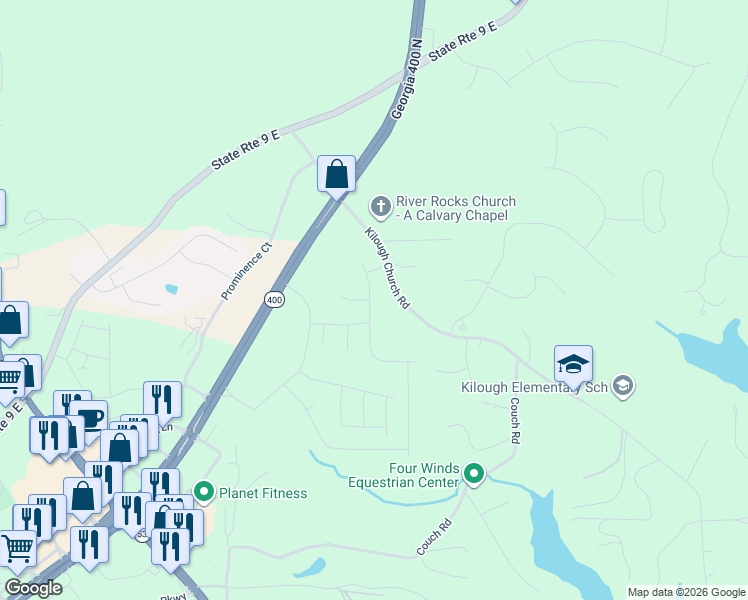 map of restaurants, bars, coffee shops, grocery stores, and more near 512 Kilough Church Road in Dawsonville