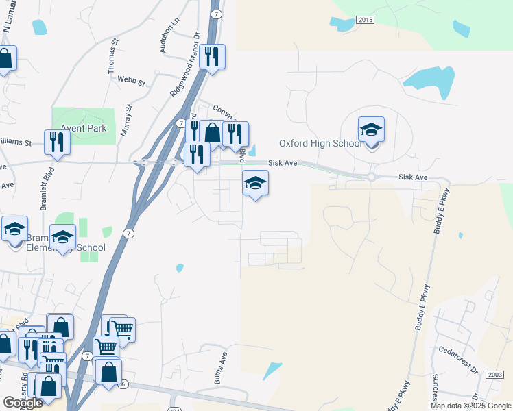 map of restaurants, bars, coffee shops, grocery stores, and more near 209 Commonwealth Boulevard in Oxford