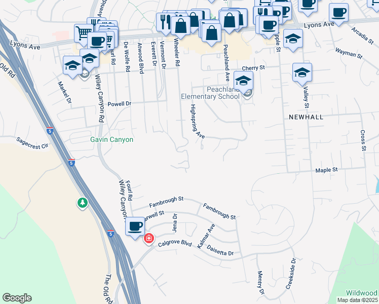 map of restaurants, bars, coffee shops, grocery stores, and more near 24850 Bella Vista Drive in Santa Clarita