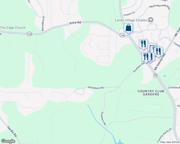 map of restaurants, bars, coffee shops, grocery stores, and more near 3740 Woodlane Road in Gainesville