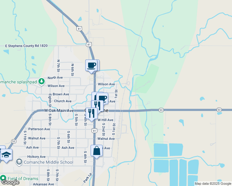 map of restaurants, bars, coffee shops, grocery stores, and more near 301 1st Street in Comanche
