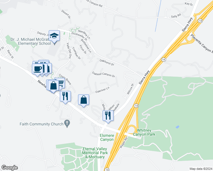 map of restaurants, bars, coffee shops, grocery stores, and more near 23703 Oak Circle in Santa Clarita