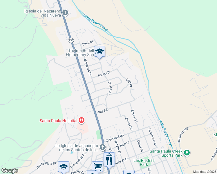 map of restaurants, bars, coffee shops, grocery stores, and more near 1239 Fern Oaks Drive in Santa Paula
