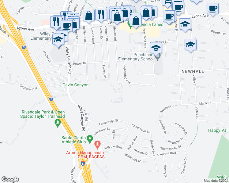 map of restaurants, bars, coffee shops, grocery stores, and more near 24879 Bella Vista Drive in Santa Clarita