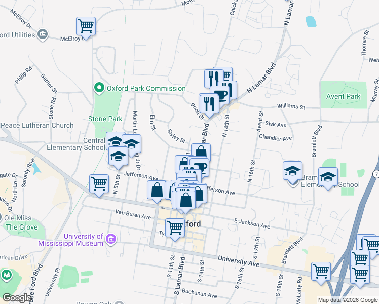 map of restaurants, bars, coffee shops, grocery stores, and more near 532 North 11th Street in Oxford