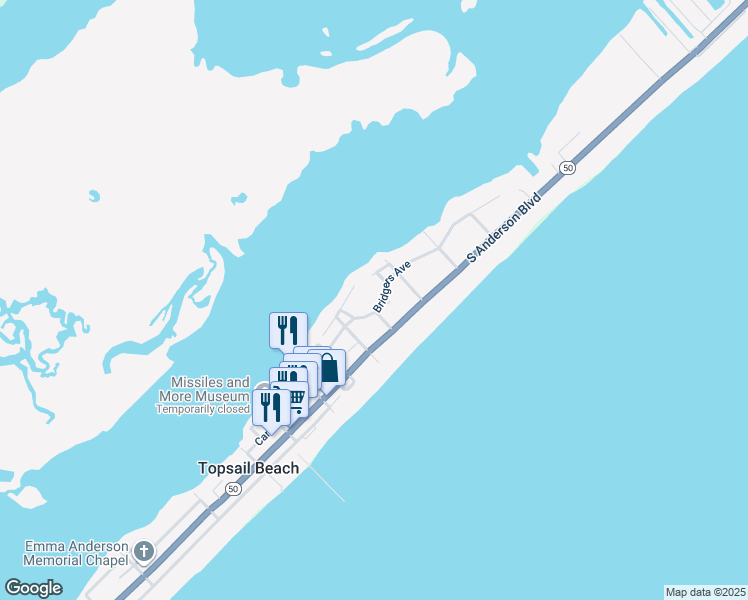 map of restaurants, bars, coffee shops, grocery stores, and more near 410 Bridgers Avenue in Surf City