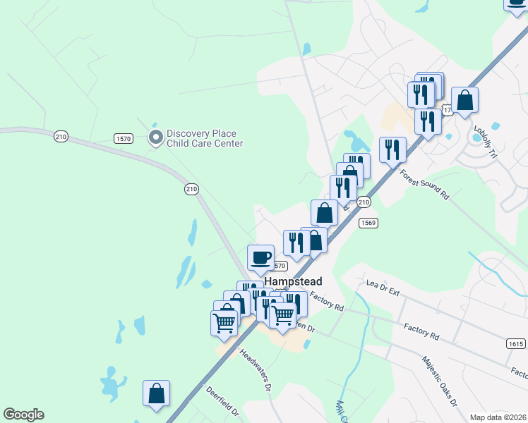 map of restaurants, bars, coffee shops, grocery stores, and more near 100 Pansy Lane in Hampstead