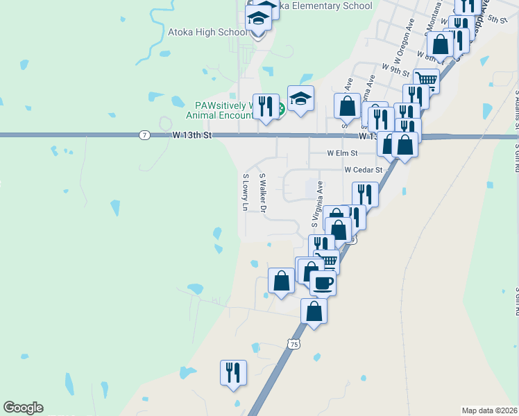 map of restaurants, bars, coffee shops, grocery stores, and more near 1427 South Walker Drive in Atoka