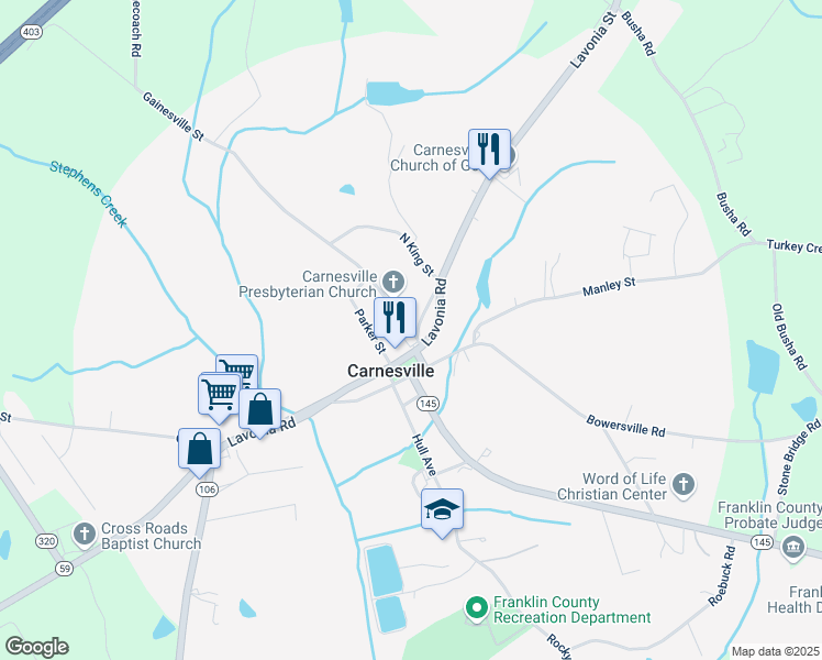 map of restaurants, bars, coffee shops, grocery stores, and more near 226 Gainesville Street in Carnesville