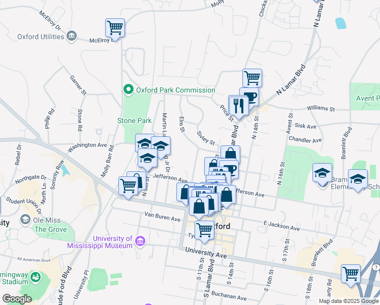 map of restaurants, bars, coffee shops, grocery stores, and more near 555 North 9th Street in Oxford