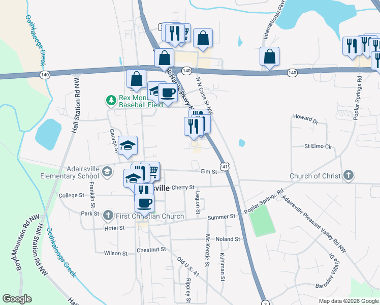 map of restaurants, bars, coffee shops, grocery stores, and more near 14 Legacy Way in Adairsville