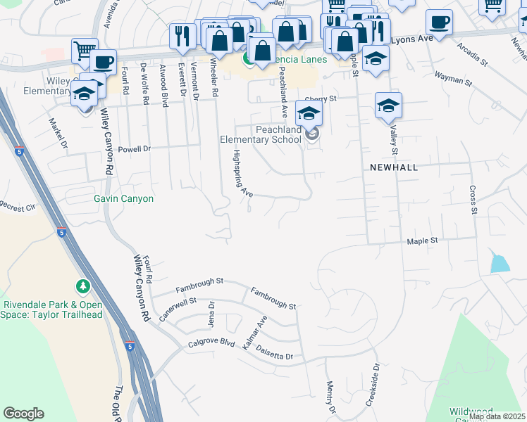map of restaurants, bars, coffee shops, grocery stores, and more near 24813 Rosepark Court in Santa Clarita