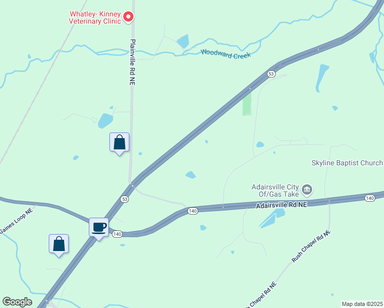 map of restaurants, bars, coffee shops, grocery stores, and more near 7404 New Calhoun Road Northeast in Adairsville
