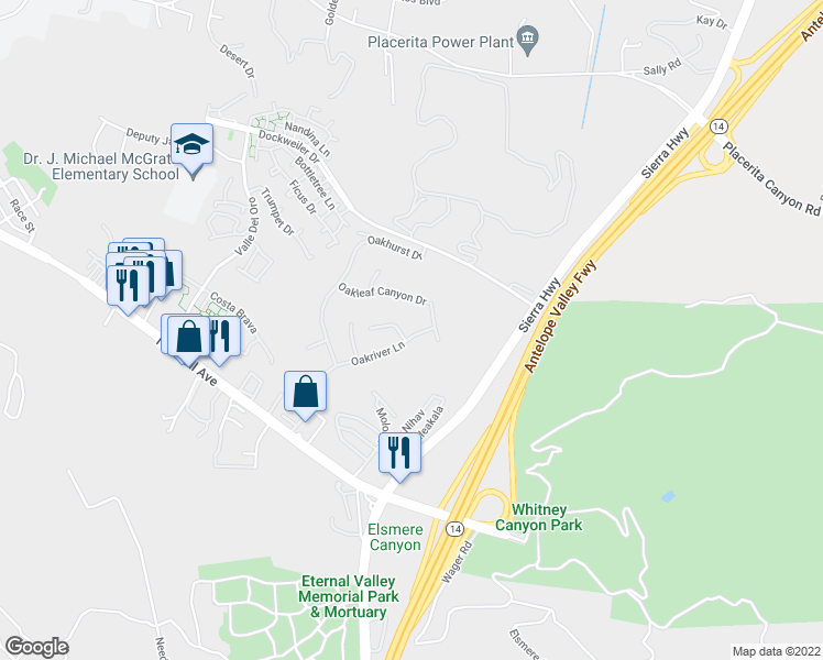 map of restaurants, bars, coffee shops, grocery stores, and more near 21009 Oakriver Lane in Santa Clarita