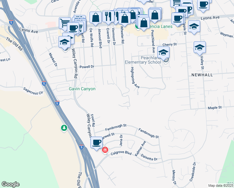 map of restaurants, bars, coffee shops, grocery stores, and more near Everett Drive in Santa Clarita