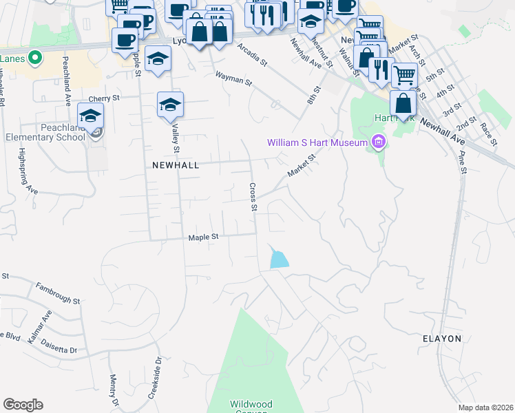 map of restaurants, bars, coffee shops, grocery stores, and more near 24348 Cross Street in Santa Clarita