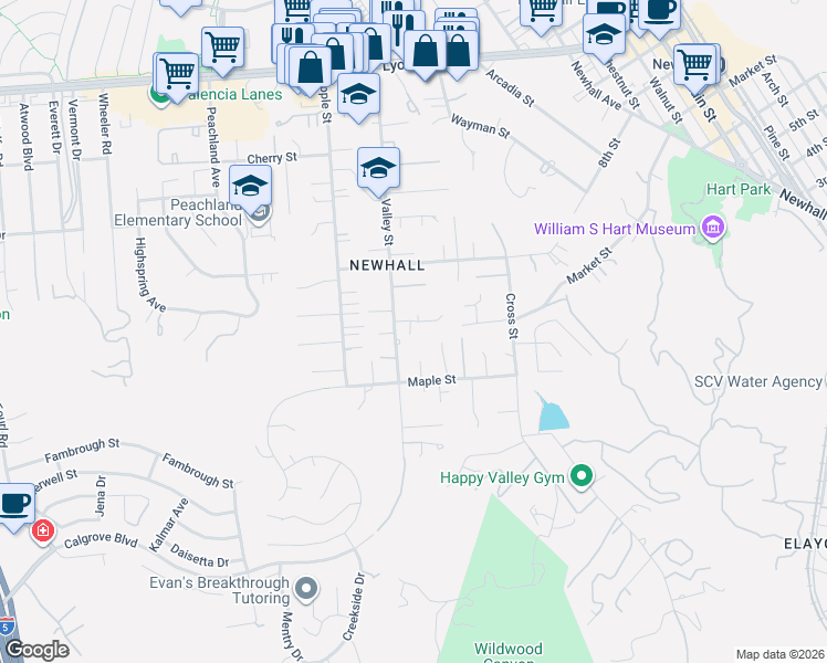 map of restaurants, bars, coffee shops, grocery stores, and more near 23344 Cedartown Street in Santa Clarita