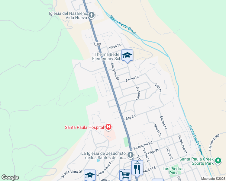 map of restaurants, bars, coffee shops, grocery stores, and more near Ojai Road in Santa Paula