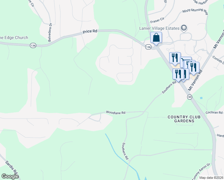 map of restaurants, bars, coffee shops, grocery stores, and more near 3740 Woodlane Road in Gainesville