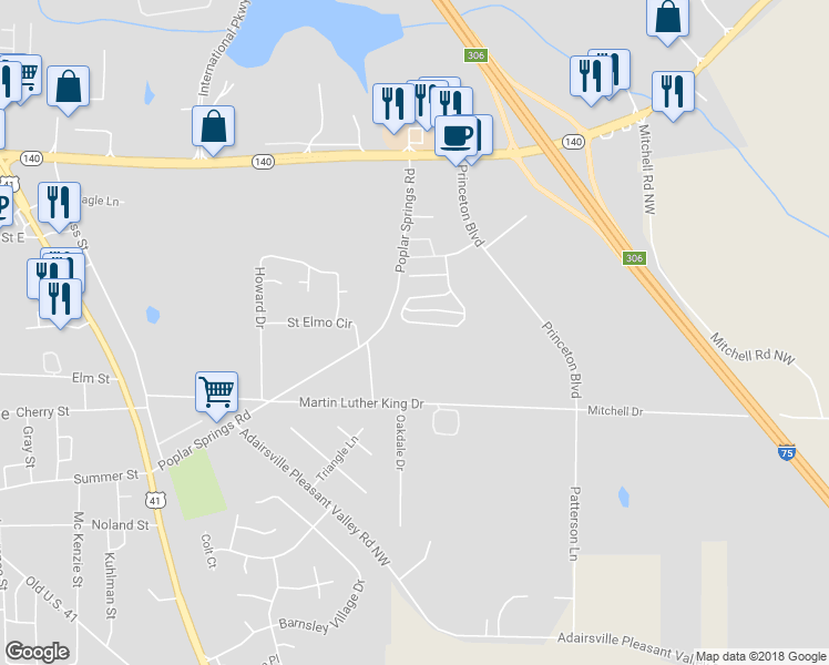 map of restaurants, bars, coffee shops, grocery stores, and more near 93 Princeton Avenue in Adairsville
