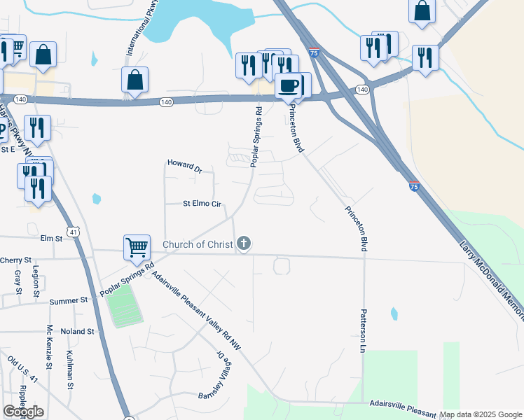 map of restaurants, bars, coffee shops, grocery stores, and more near 93 Princeton Avenue in Adairsville