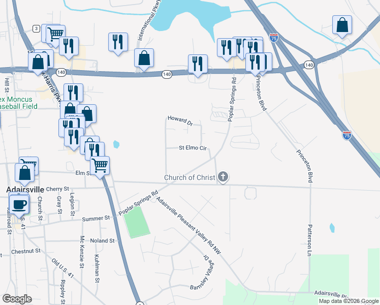 map of restaurants, bars, coffee shops, grocery stores, and more near 240 Saint Elmo Circle in Adairsville