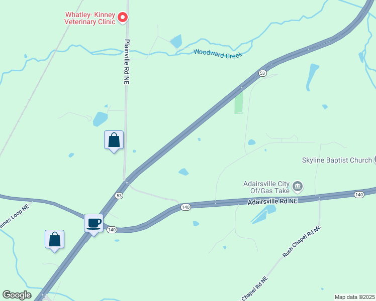 map of restaurants, bars, coffee shops, grocery stores, and more near 7404 New Calhoun Road Northeast in Adairsville