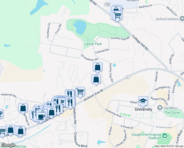 map of restaurants, bars, coffee shops, grocery stores, and more near 1111 Jackson Avenue West in Oxford