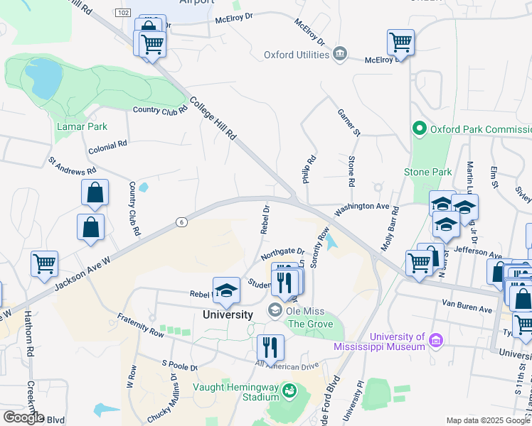 map of restaurants, bars, coffee shops, grocery stores, and more near 6 Rebel Drive in Oxford