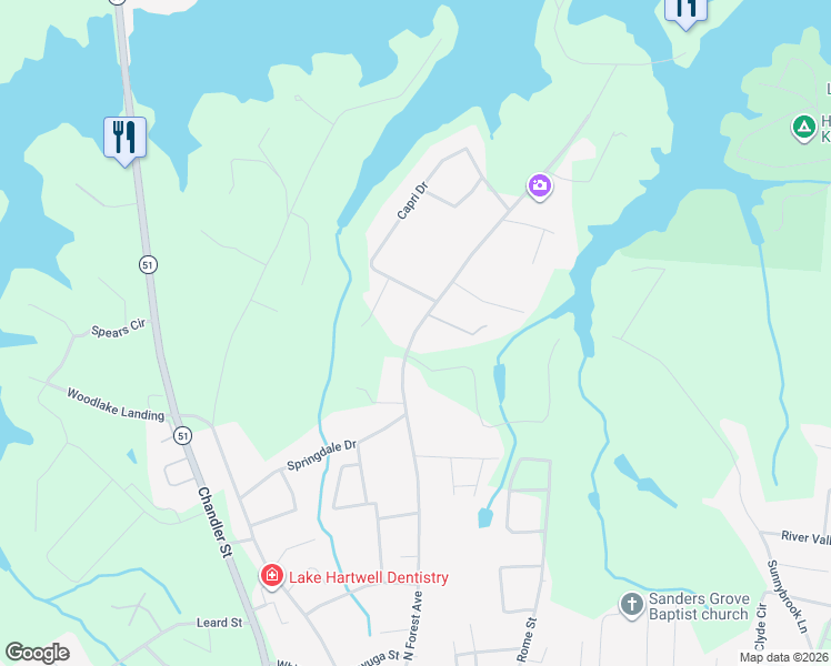 map of restaurants, bars, coffee shops, grocery stores, and more near 1336 North Forest Avenue in Hartwell