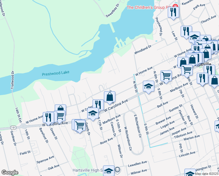 map of restaurants, bars, coffee shops, grocery stores, and more near West Home Avenue in Hartsville