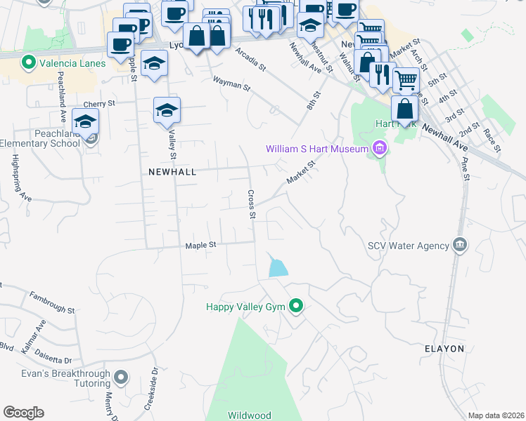 map of restaurants, bars, coffee shops, grocery stores, and more near 24341 Shadeland Drive in Santa Clarita
