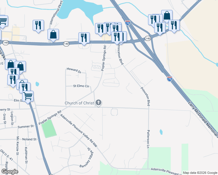 map of restaurants, bars, coffee shops, grocery stores, and more near 83 Princeton Avenue in Adairsville