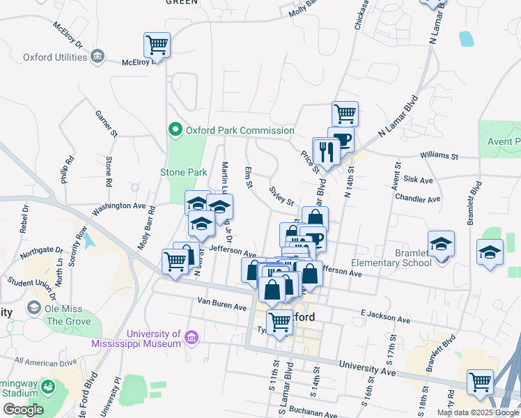 map of restaurants, bars, coffee shops, grocery stores, and more near 555 North 9th Street in Oxford