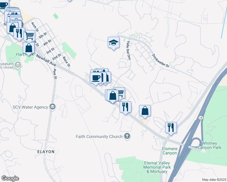 map of restaurants, bars, coffee shops, grocery stores, and more near 23734 Valle Del Oro in Santa Clarita